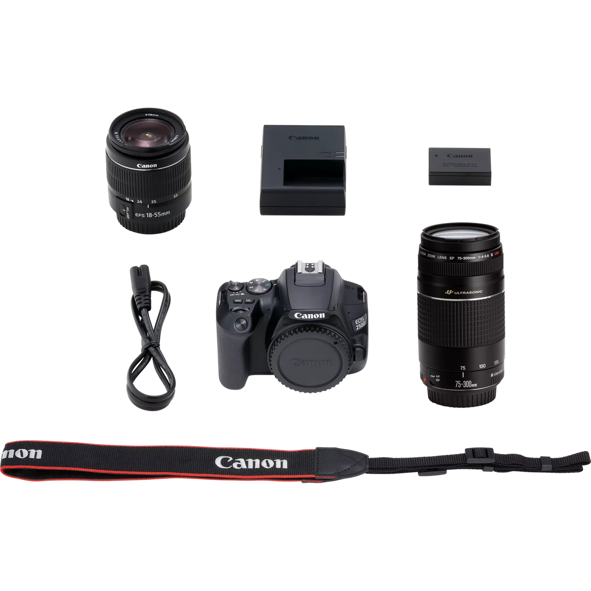 Canon EOS 250D, Black + EF-S 18-55mm f/3.5-5.6 III+ EF 75-300mm f/4-5.6 III Lens