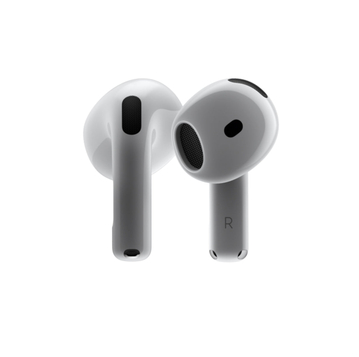 Side view of Apple AirPods 4 earbuds showing ergonomic shape and black microphone mesh