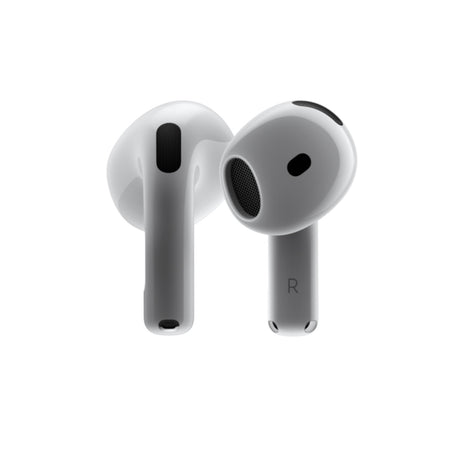 Side view of Apple AirPods 4 earbuds showing ergonomic shape and black microphone mesh