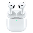 Apple AirPods 4 placed in open MagSafe charging case with LED indicator showing active status