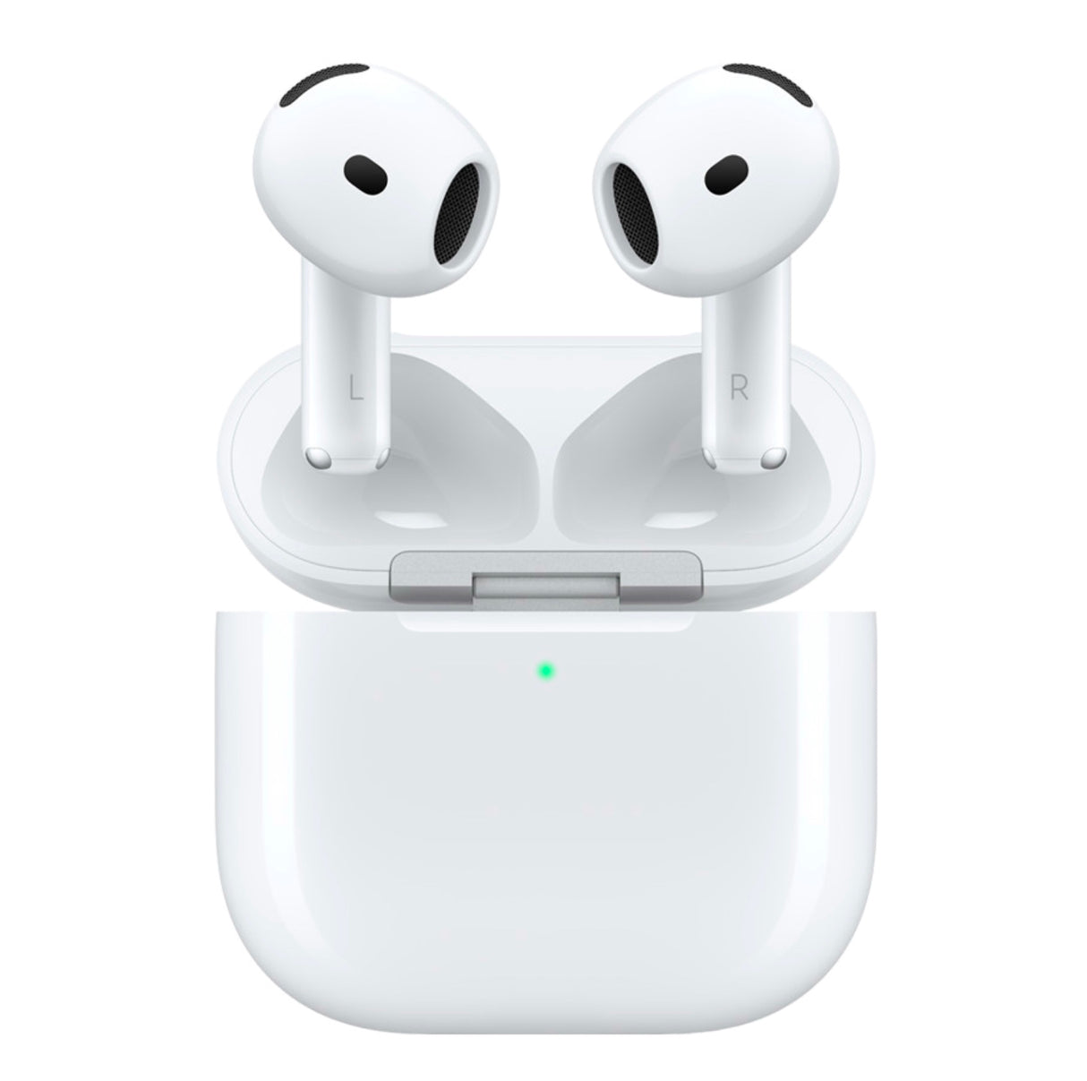 Apple AirPods 4 placed in open MagSafe charging case with LED indicator showing active status
