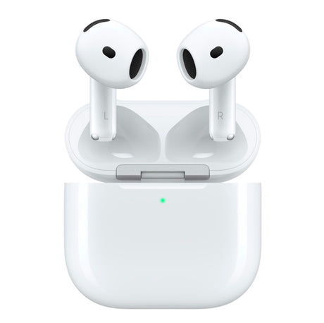 Apple AirPods 4 placed in open MagSafe charging case with LED indicator showing active status