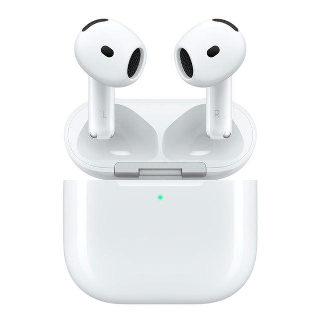 Apple AirPods 4 placed in open MagSafe charging case with LED indicator showing active status