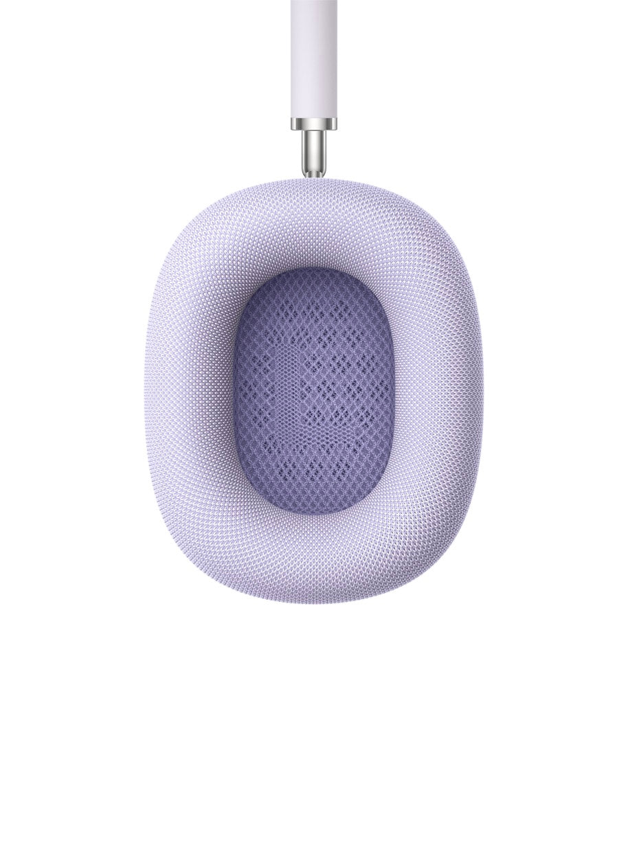 Inner ear cup view of purple Apple AirPods Max showing breathable mesh and cushion design