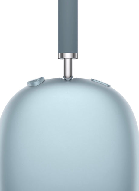 Close-up of right ear cushion on blue AirPods Max