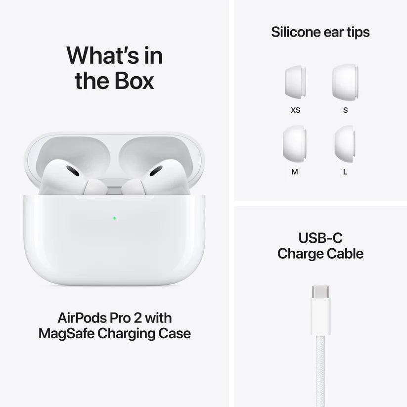 Apple AirPods Pro 2 box contents displayed with MagSafe Charging Case, USB-C cable, and small, medium, and large silicone ear tips