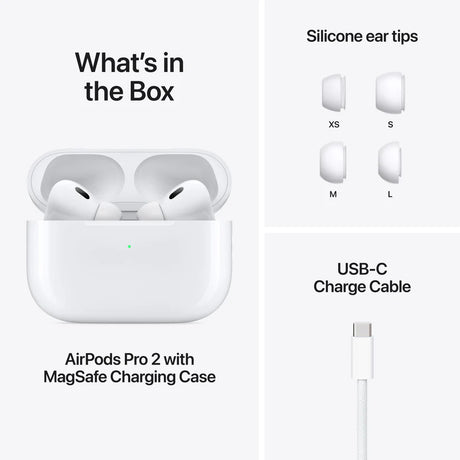 Apple AirPods Pro 2 box contents displayed with MagSafe Charging Case, USB-C cable, and small, medium, and large silicone ear tips