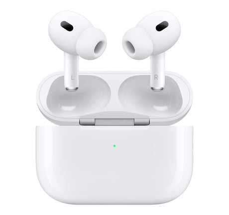 Apple AirPods Pro 2 USB-C model resting in open MagSafe charging case with visible green LED and left/right earbuds