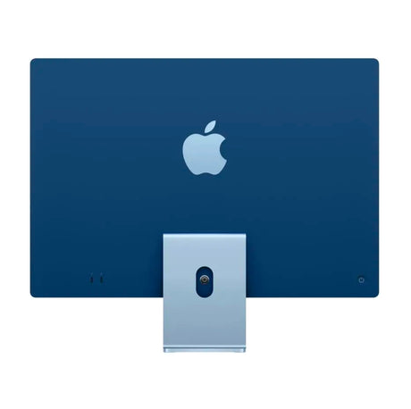 Blue Apple iMac 24-inch rear view showing Apple logo and aluminum stand
