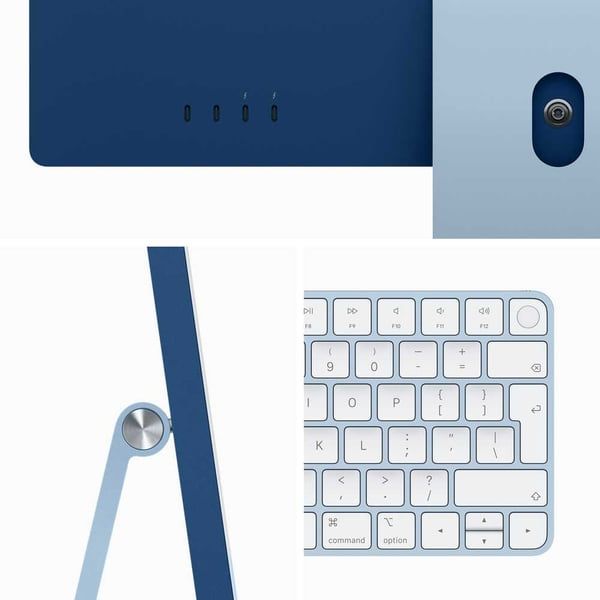 Blue iMac 24-inch M3 model rear panel with Apple logo and desktop accessories