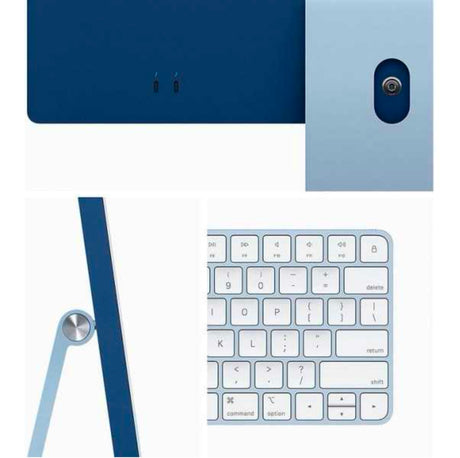 Back view of blue Apple iMac with matching Magic Mouse and Magic Keyboard