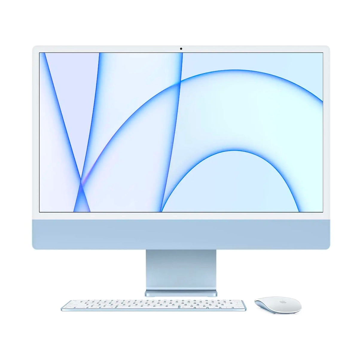 Apple iMac 24-inch in blue with curved screen wallpaper and matching accessories