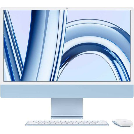 Front-facing view of Apple iMac 24-inch (Blue) with curved blue macOS wallpaper