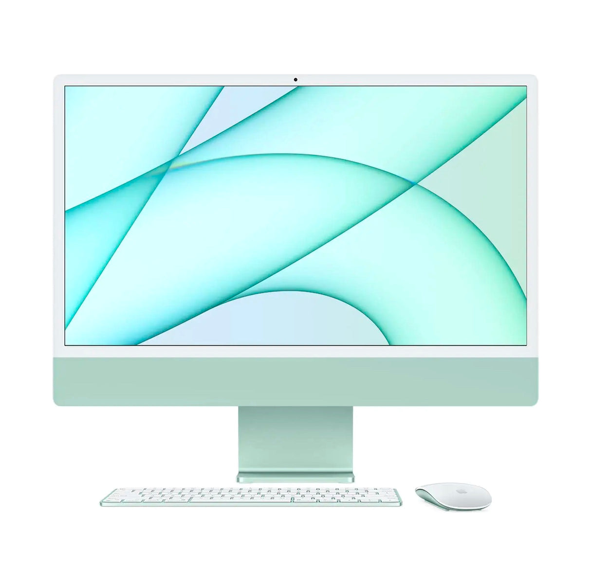 Front view of Apple iMac 24-inch in green with macOS wallpaper and wireless accessories