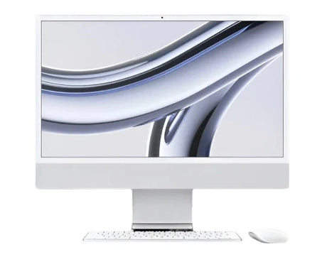 Silver Apple iMac 24-inch (M3) shown from front with matching Magic Keyboard and Mouse