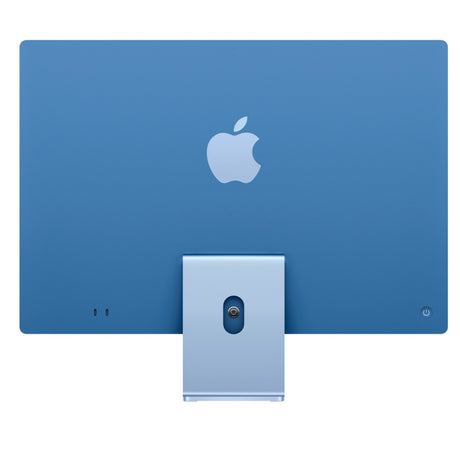 Rear view of Blue Apple iMac 24-inch M4 with signature Apple logo and clean aluminum finish