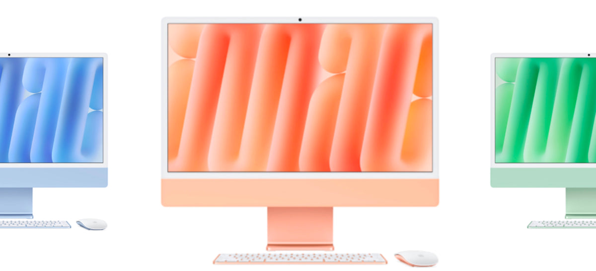 Front view of Apple iMac 24-inch (2024) in Orange, Green, and Blue colors with Magic Mouse and Keyboard shown for each
