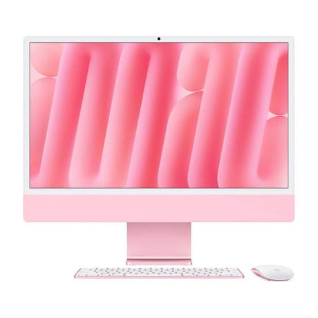 Front view of Apple iMac 24-inch (M4, 2024) in Pink with matching keyboard and mouse, featuring 4.5K Retina display