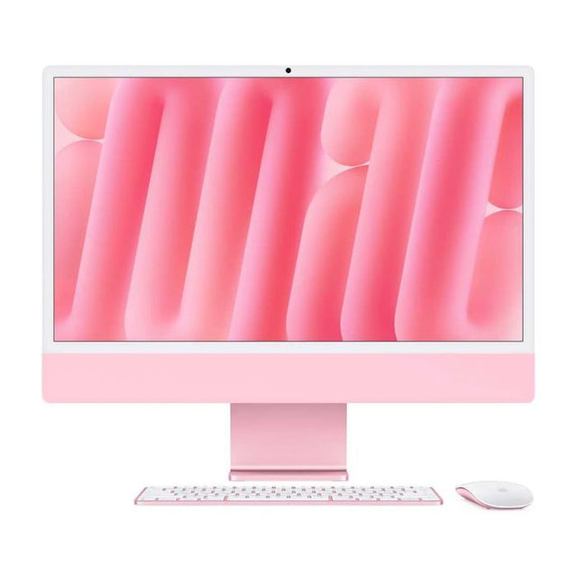 Front view of Apple iMac 24-inch (M4, 2024) in Pink with matching keyboard and mouse, featuring 4.5K Retina display