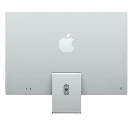 Back of Silver Apple iMac (2024, M4) showing Apple logo and aluminum enclosure
