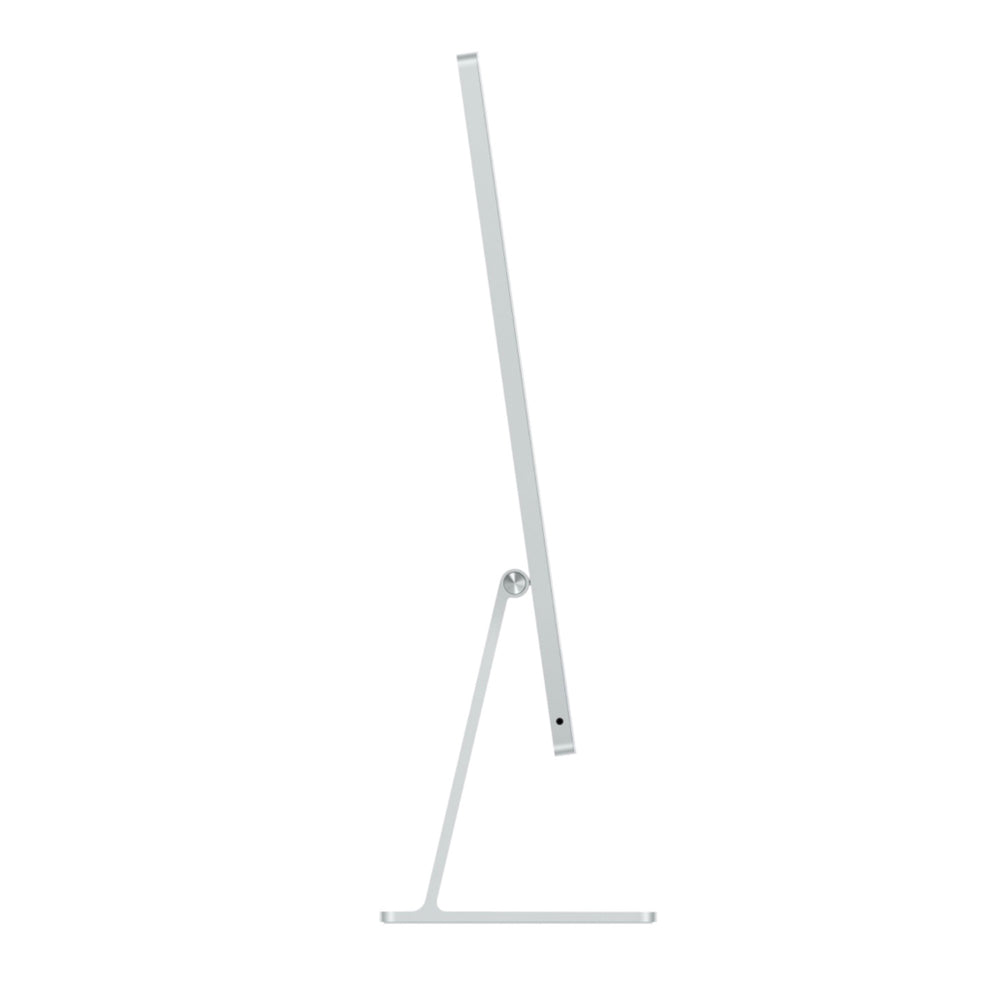 Slim side angle of Apple iMac 24-inch (M4) in Silver showing aluminum stand and sleek body