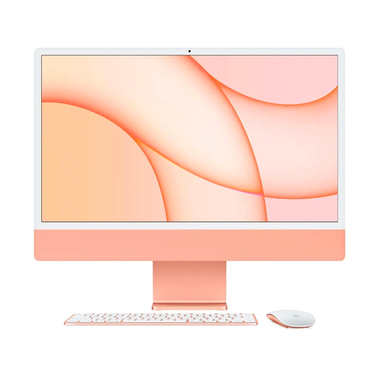 Front-facing Apple iMac in orange with full screen, Magic Keyboard, and Magic Mouse