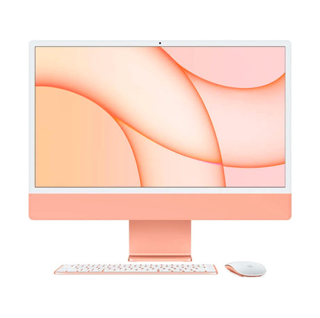 Front-facing Apple iMac in orange with full screen, Magic Keyboard, and Magic Mouse