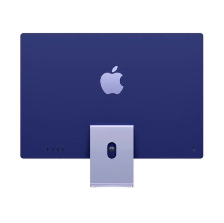 Back view of purple Apple iMac 24-inch showing anodized aluminum rear shell with Apple logo and desktop stand