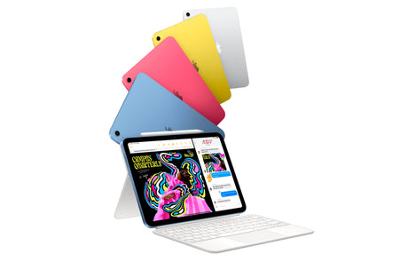 Apple iPad 10th Gen shown in Yellow, Blue, Pink, and Silver next to Magic Keyboard Folio with colorful apps