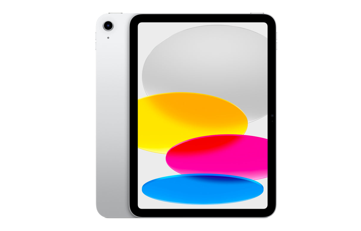 Front view of Silver Apple iPad 10th Gen showing slim bezels and vivid display