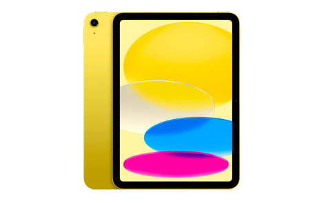 Yellow iPad 10th Gen with colorful wallpaper and edge-to-edge display