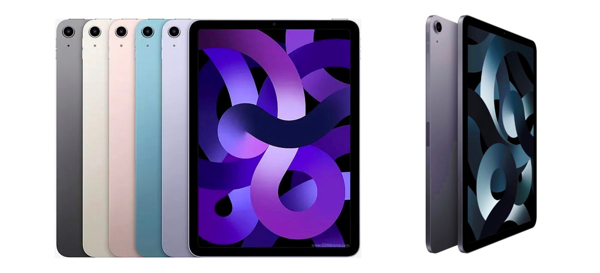All five color options of the Apple iPad Air 10.9-inch 5th Gen shown from back and front including Space Gray, Starlight, Pink, Blue, and Purple