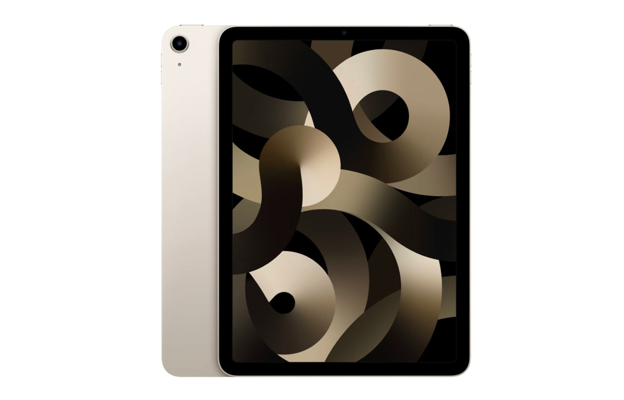 Apple iPad Air in Starlight shown from front and angled side, featuring all-screen design and aluminum body