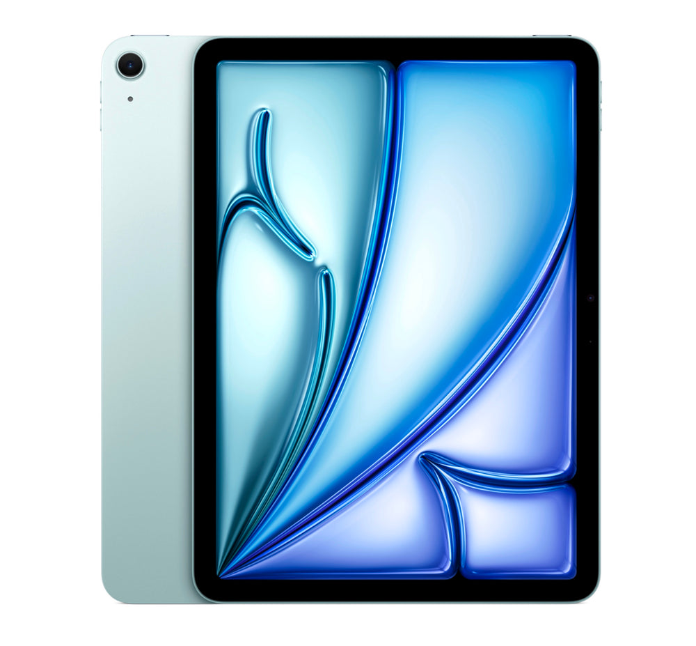 Blue iPad Air 2024 front view showcasing colorful display and aluminum body