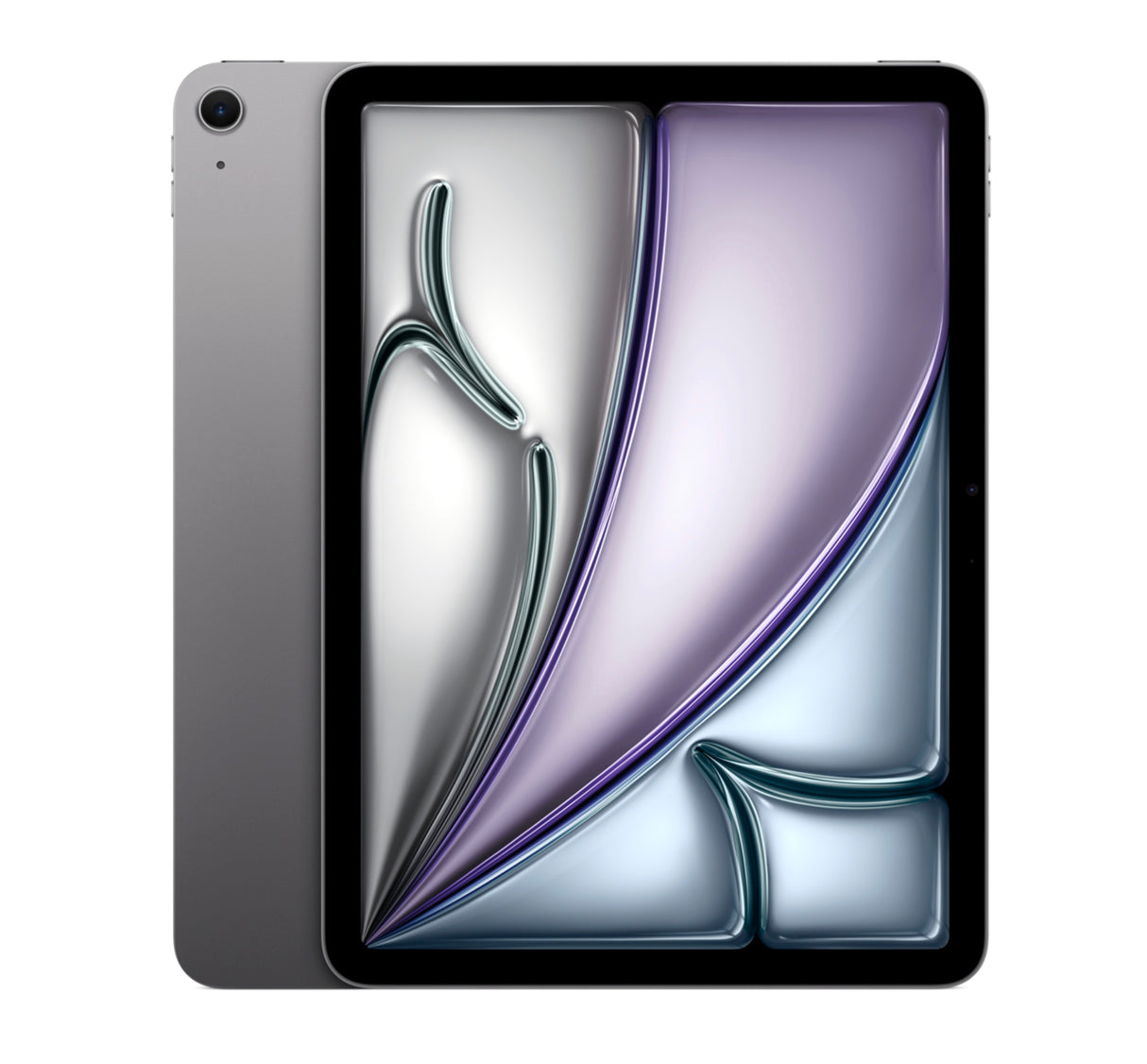 Front-facing Space Gray Apple iPad Air (2024) with ultra-thin bezels and vibrant wallpaper