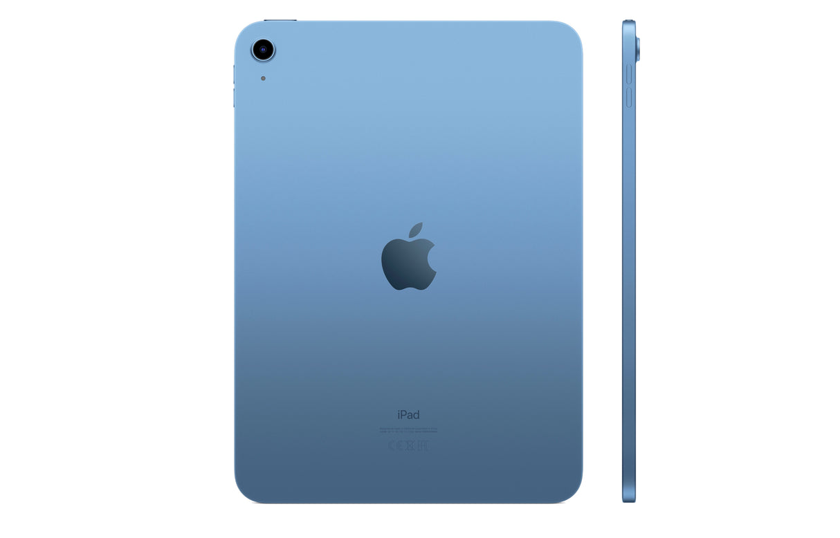 Rear view of Blue iPad showcasing aluminum finish and Apple logo