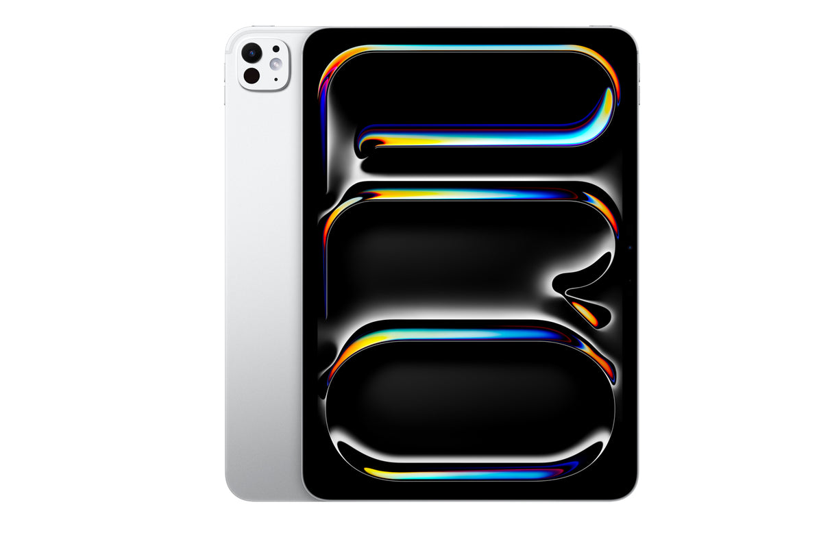 Apple iPad Pro M4 front side in Silver finish with vibrant screen graphics and ultra-thin bezels