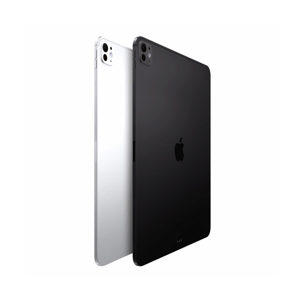 Angled side view showing Apple iPad Pro M4 in both Silver and Space Black finishes with slim profiles