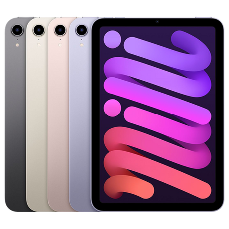 All four Apple iPad mini 6 colors shown side by side from the rear and front