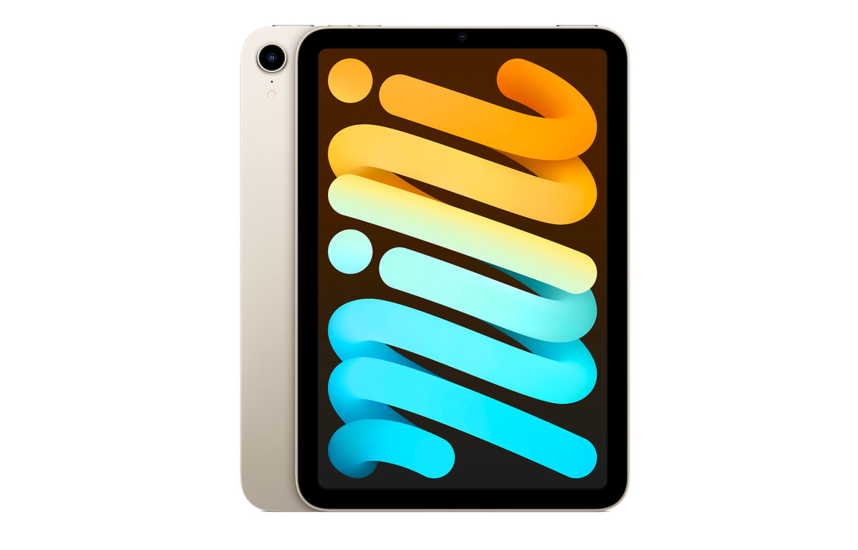 Front and side view of Apple iPad mini 6 in Starlight color with edge-to-edge Liquid Retina display