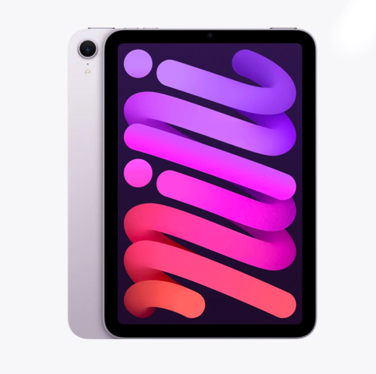 Purple Apple iPad mini from the front with True Tone display and landscape stereo speakers