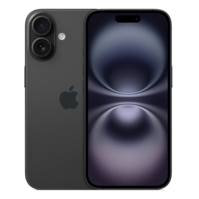 iPhone 16 in Black color showing matte rear panel and aluminum edge frame