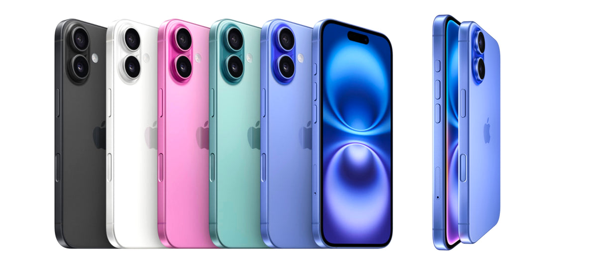 iPhone 16 lineup in all official Apple colors: Black, Pink, Teal, Ultramarine, and White arranged side-by-side