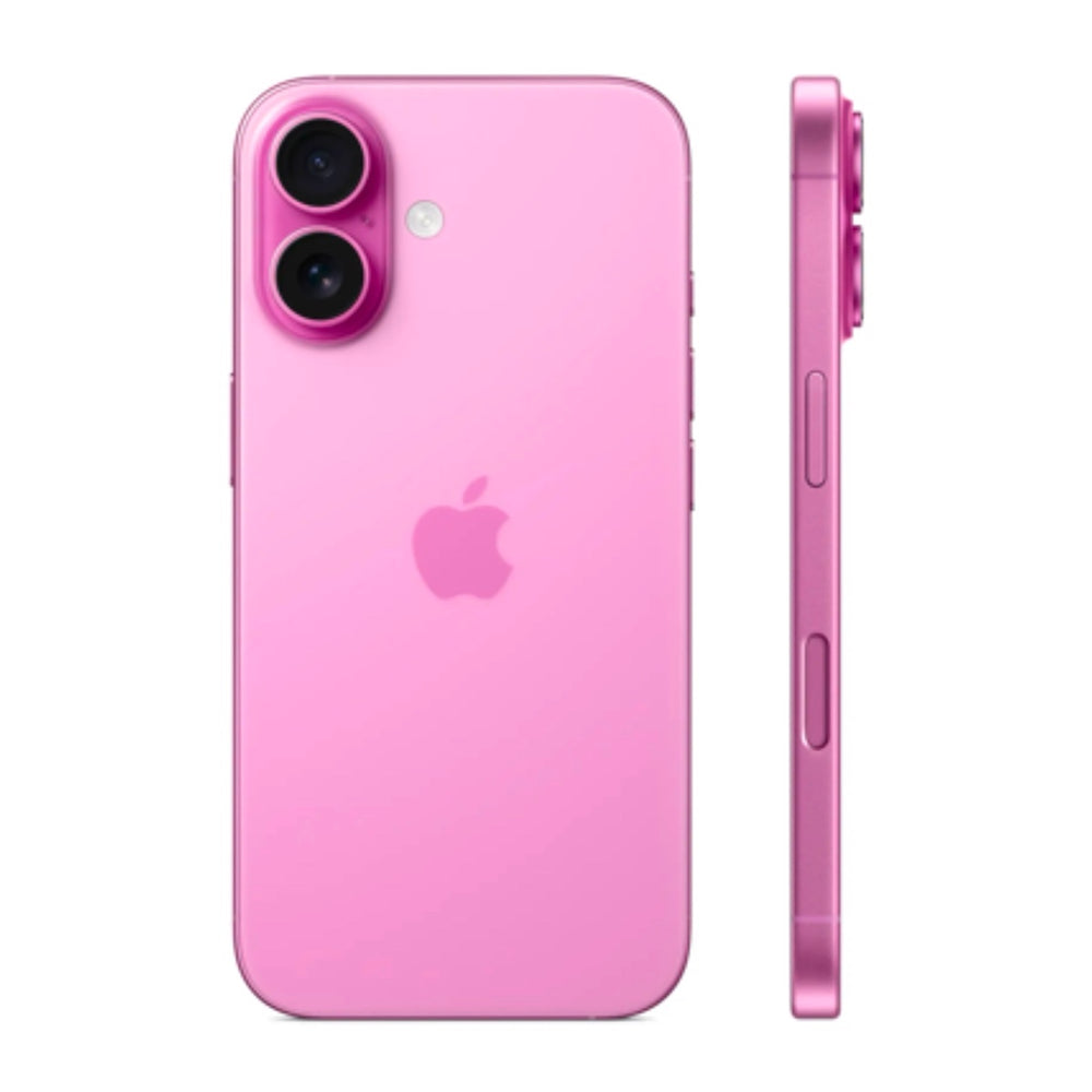 Pink Apple iPhone 16 with Dynamic Island and bright edge-to-edge display.