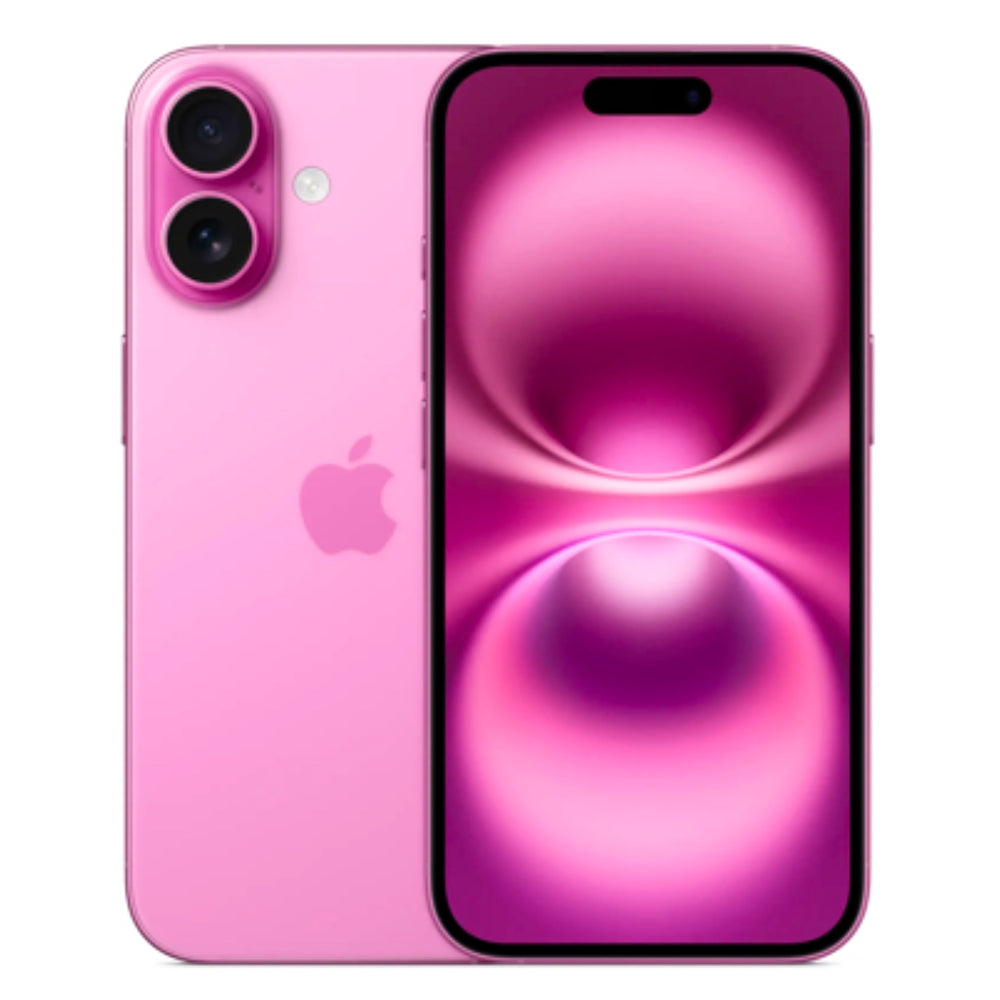 Pink iPhone 16 showing vibrant display on front and sleek camera setup on back.
