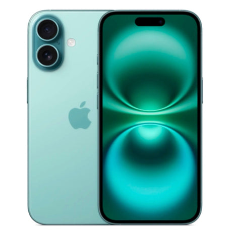Apple iPhone 16 in Teal with front Super Retina display and rear dual cameras.