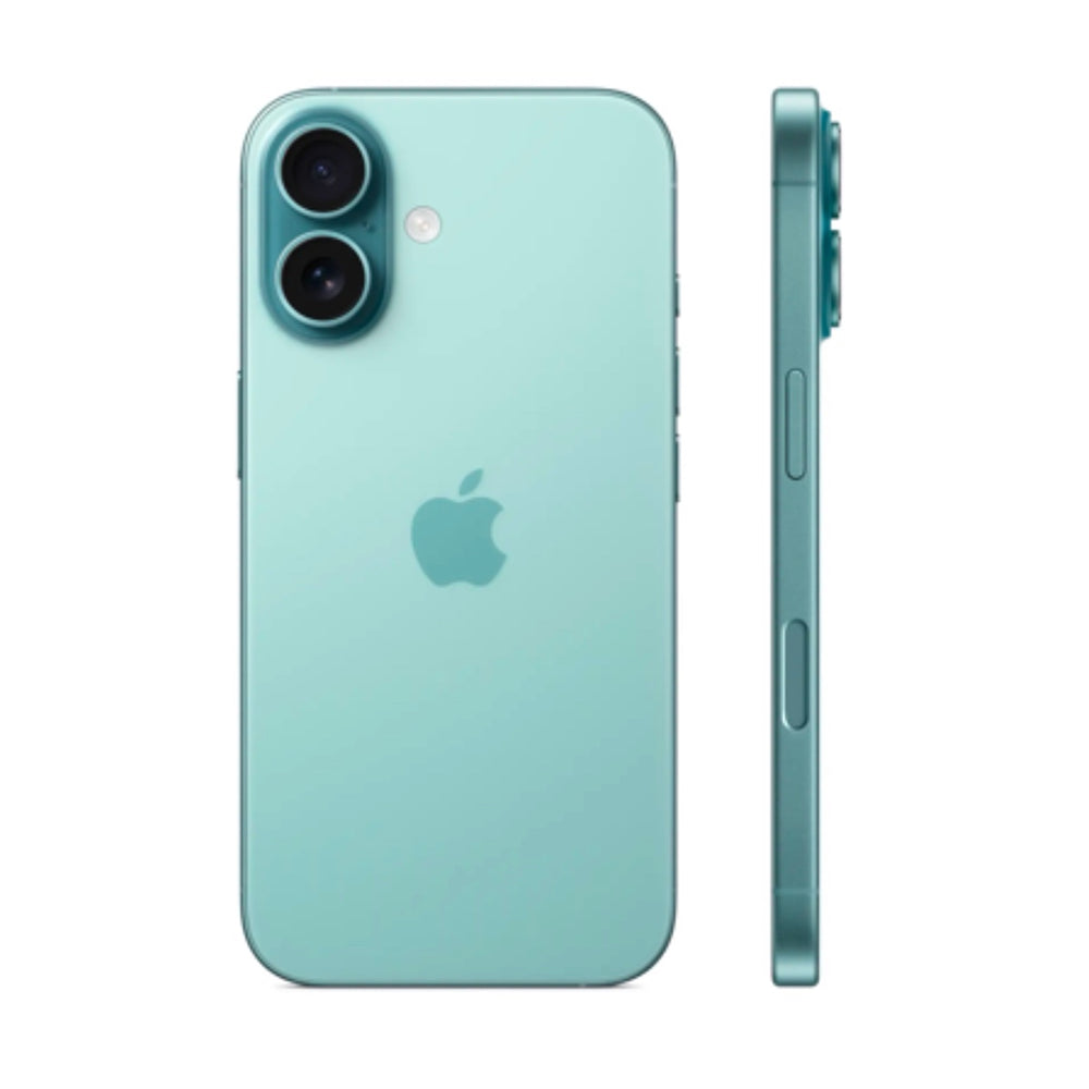 Side angle of Teal iPhone 16 revealing volume buttons and aluminum frame.