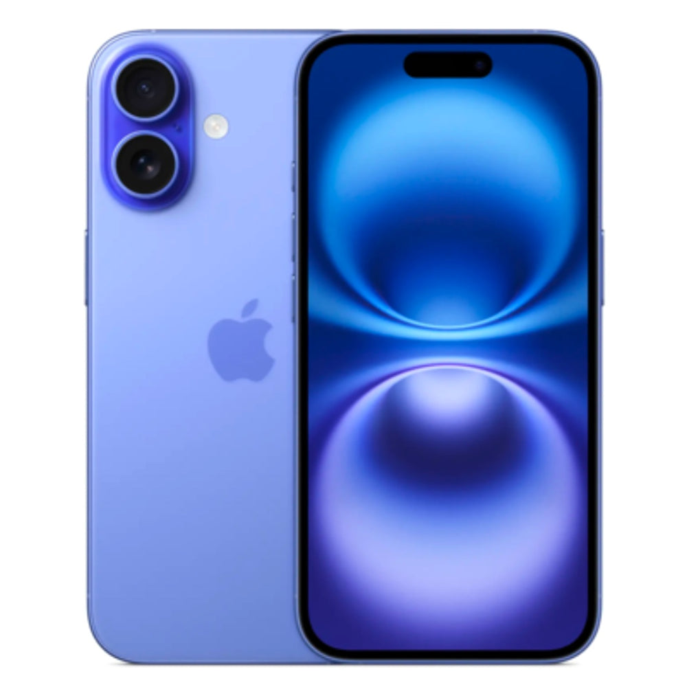 iPhone 16 in Ultramarine blue featuring full-screen display and slim bezels