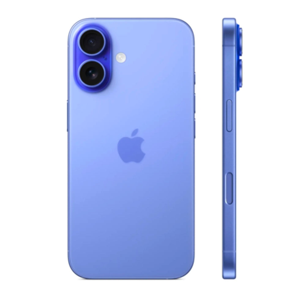 Back side of iPhone 16 in Ultramarine with dual cameras and soft-touch finish