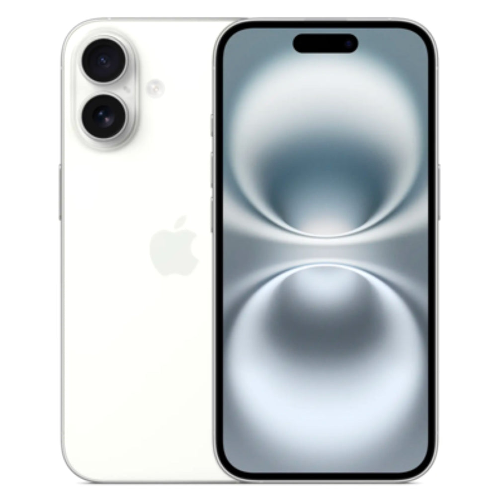 White Apple iPhone 16 showing both the front display and rear dual-camera design.